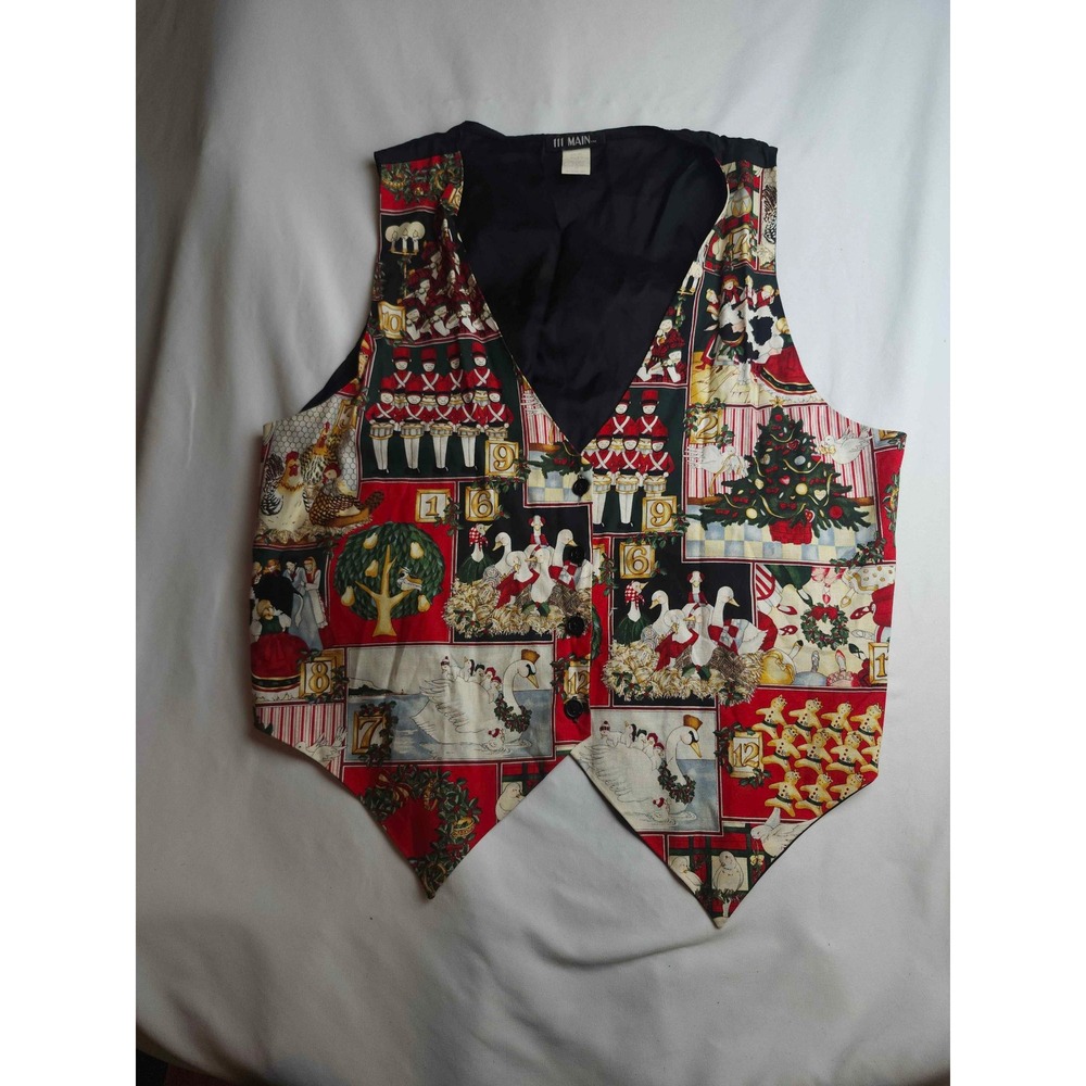 111 Main 12 Days of Christmas‎ Holiday Vest Womens 1X Multicolor Festive Cotton